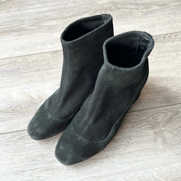 Cole Haan Laree Stretch Black Suede Sock Booties  with Gold Bar - Picture 2 of 16
